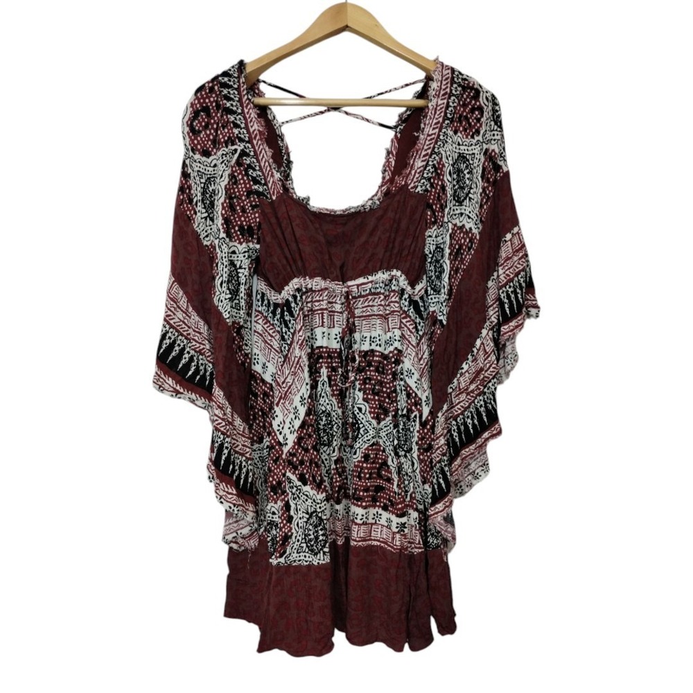Free People Heart of Gold Brown Boho Peasant Dramatic Sleeve Short Dress Lined